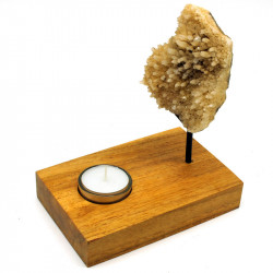 Teelichthalter Holz und Stein, Kristall-Druse auf Holzfuß