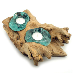 Teelichthalter Wurzel Holz Glas zwei Teelichter 25 cm