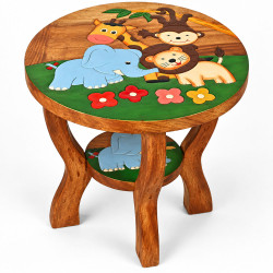 Kindertisch aus Holz rund mit Tiermotiv Dschungel, Giraffe, Elefant, Affe und Löwe