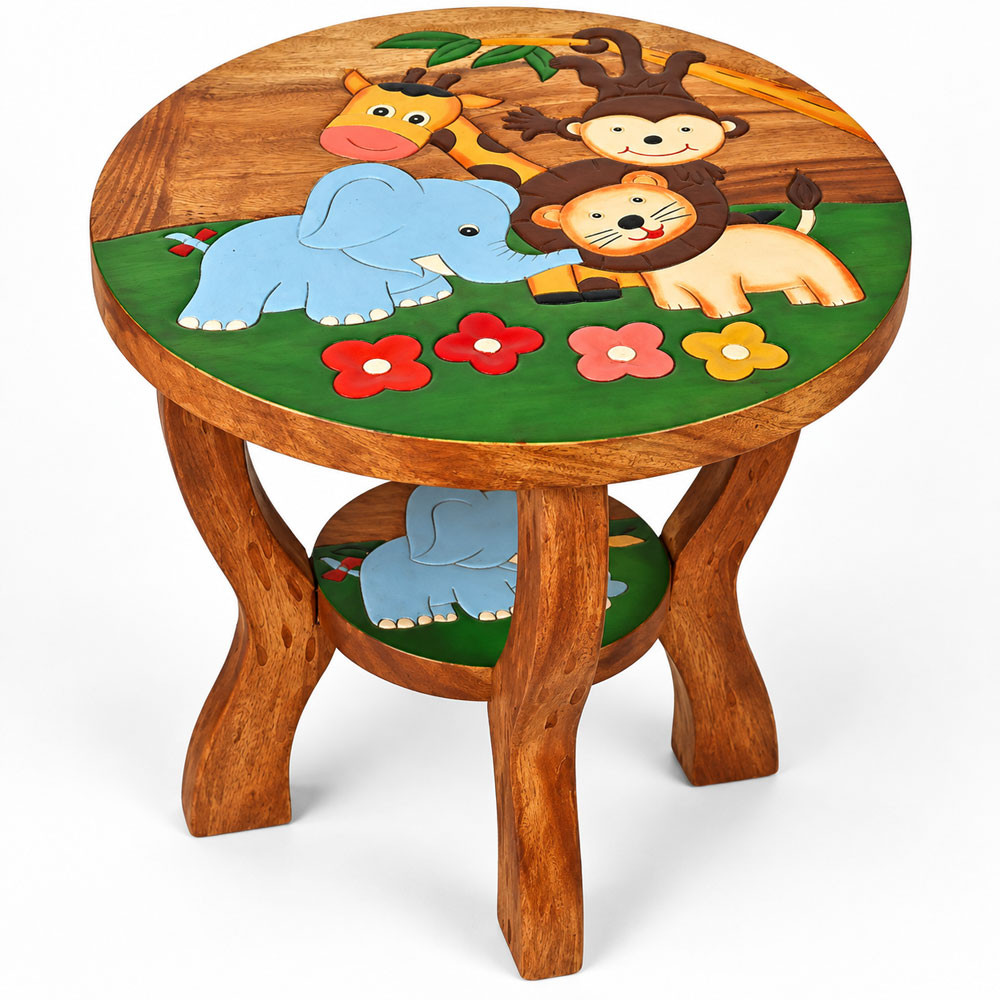 Kindertisch aus Holz rund mit Tiermotiv Dschungel, Giraffe, Elefant, Affe und Löwe