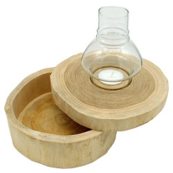 Holz Windlicht Glas Holzdose rund hell